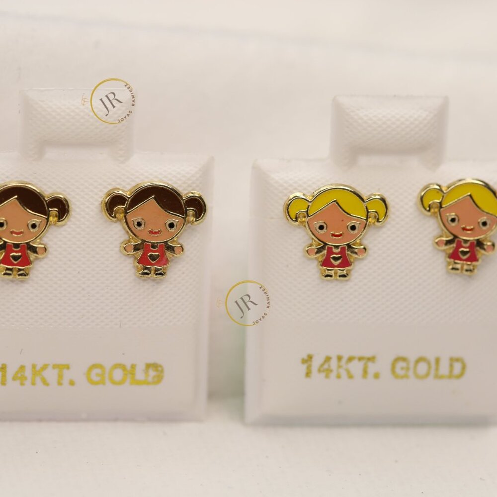 Girl Stud Earrings for Kids · Solid 14K Gold · Brown and Blonde Hair.